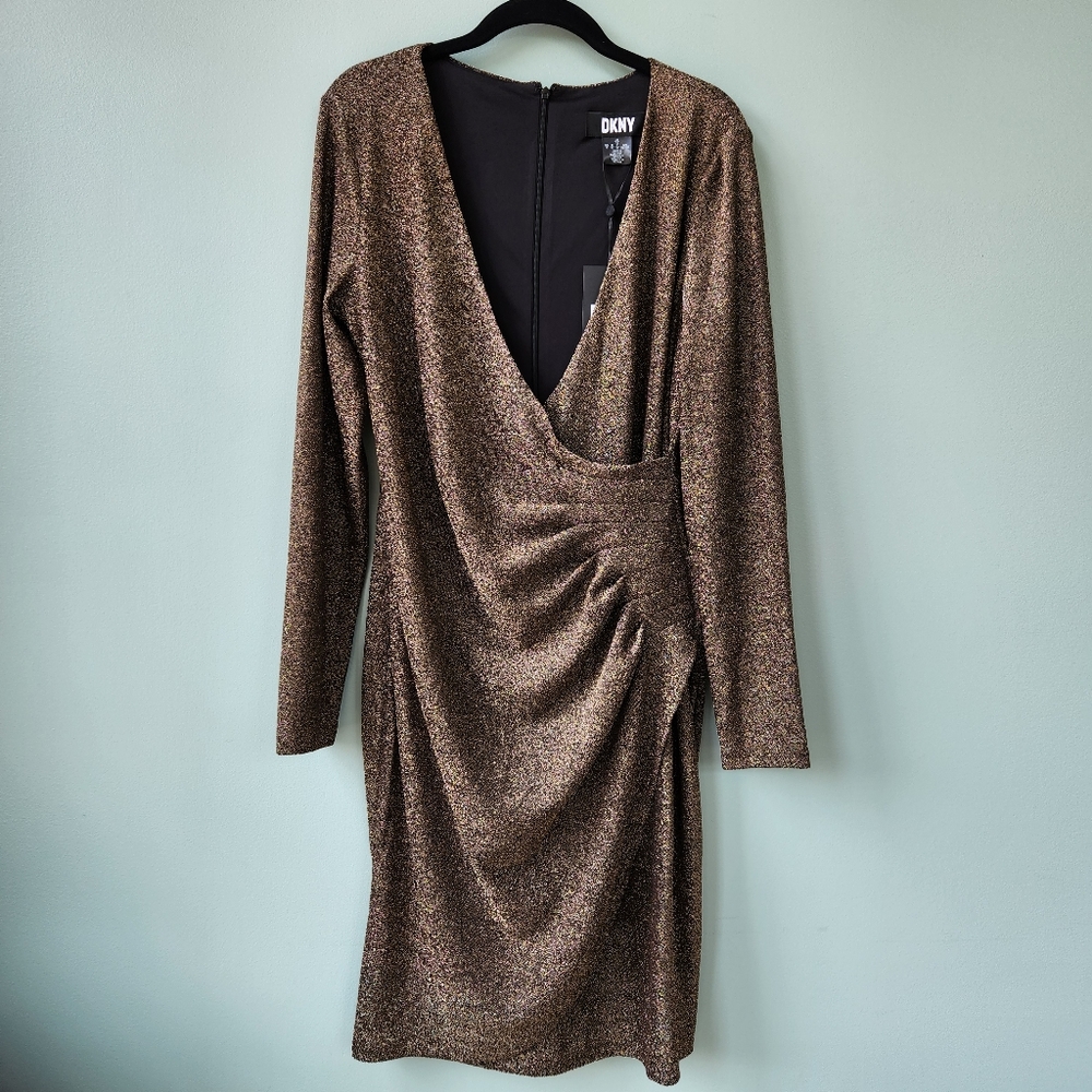 DKNY Gold Lame Dress Side Rouching Size 10 Fully Lined